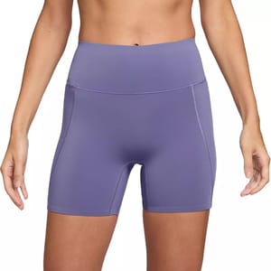 Purple high-waisted athletic shorts designed for comfort and flexibility during workouts.