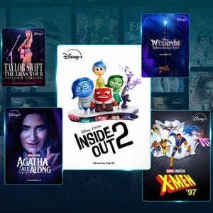A collage of Disney+ streaming service promotions featuring animated movies, a concert tour, and a Marvel animation series.