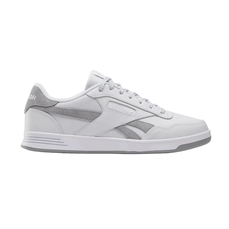 Reebok Court Advance Shoes are low-top sneakers with a white and gray color scheme, featuring a classic design with the Reebok logo on the side and a durable rubber sole for comfort and traction.