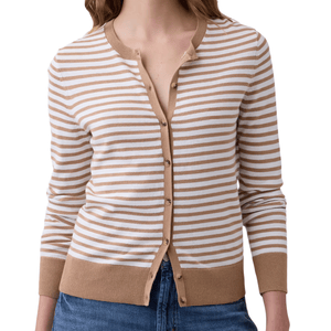 A striped cardigan with tan and white horizontal stripes, featuring a button-up front and ribbed accents at the cuffs and hem, paired with blue jeans.