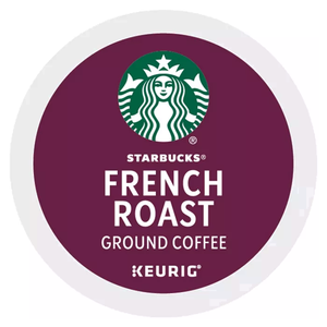 Starbucks French Roast Ground Coffee for Keurig, featuring the brand logo, displayed on a dark purple background.