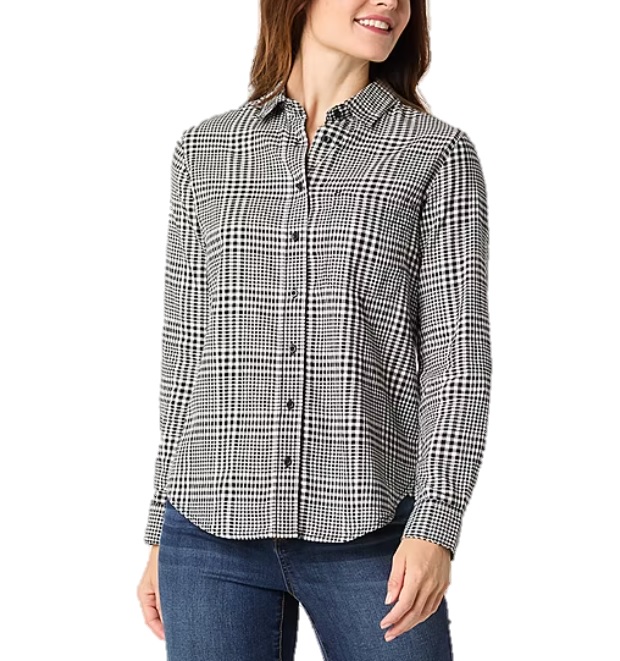 A long-sleeve, black and white checkered button-down shirt with a collared neckline, designed for women and paired with jeans.