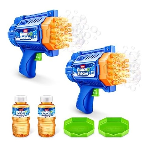 Two blue and orange bubble guns with two bottles of bubble solution and two green bubble trays.