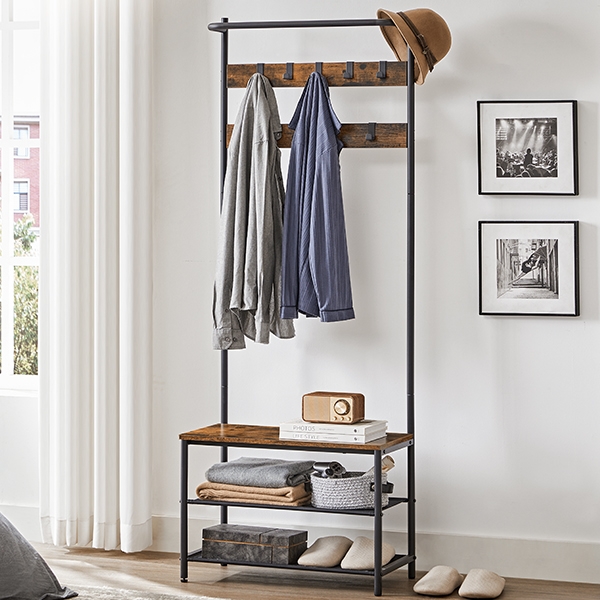A sleek and modern hall tree featuring a black metal frame with a wooden bench and shelf. It includes hooks for hanging clothes and hats, with additional shelving for shoes and storage baskets, ideal for entryway organization.