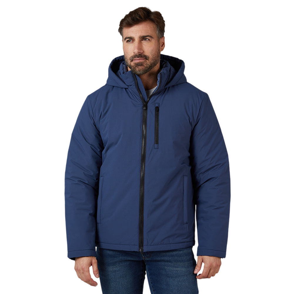 A man is wearing a blue hooded jacket with a black front zipper and two side pockets. The jacket also features a vertical zippered chest pocket.