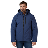 A man is wearing a blue hooded jacket with a black front zipper and two side pockets. The jacket also features a vertical zippered chest pocket.