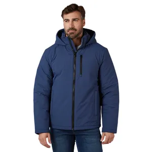 A man is wearing a blue hooded jacket with a black front zipper and two side pockets. The jacket also features a vertical zippered chest pocket.