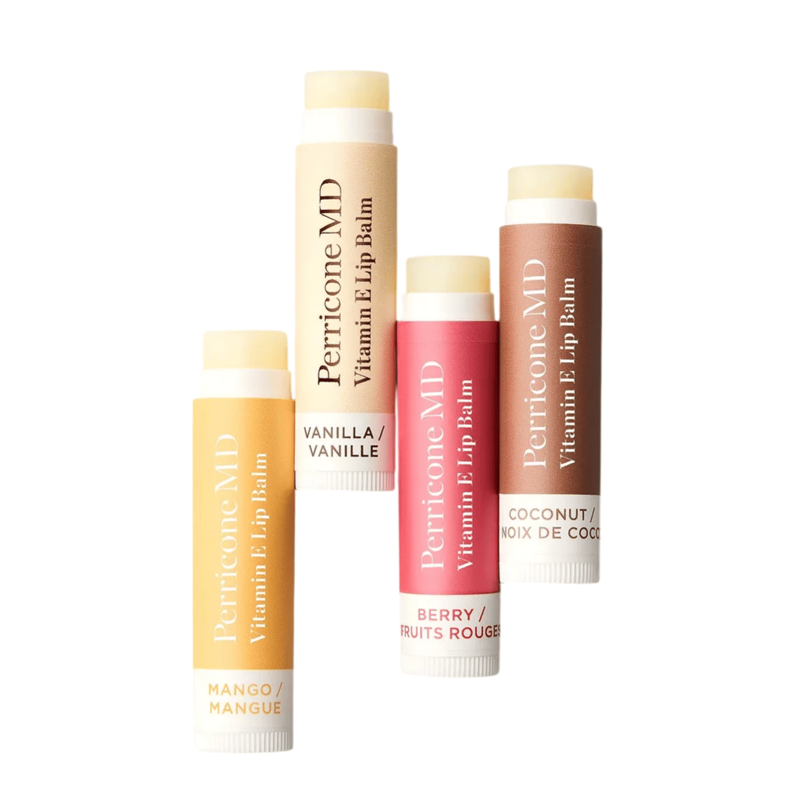 Four Perricone MD Vitamin E Lip Balms in Vanilla, Mango, Berry, and Coconut flavors are displayed against a light background.