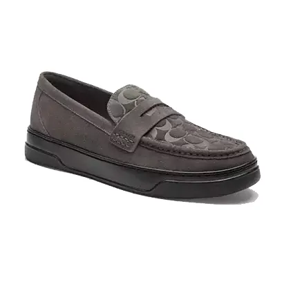 Gray loafer with a subtle pattern and black sole, featuring a classic design and stitching detail.