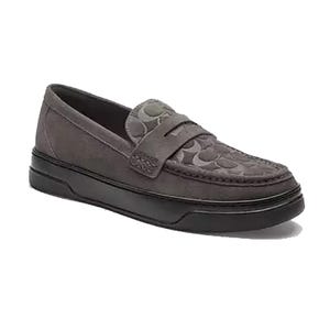 Gray loafer with a subtle pattern and black sole, featuring a classic design and stitching detail.