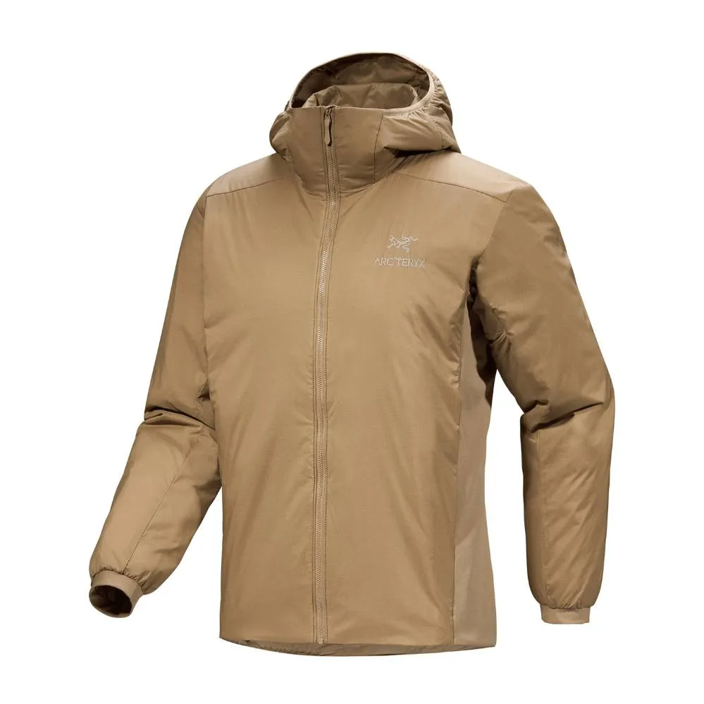 Arc'teryx Atom LT Hoodie in a tan color, featuring a full zip front, hood, and elastic cuffs, designed for lightweight insulation and versatility.