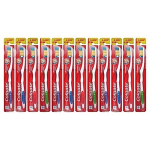 A 12-pack of Colgate toothbrushes with red packaging, featuring multi-color bristles and ergonomically designed handles. Each pack is labeled with \“6,000+ bristles.\“