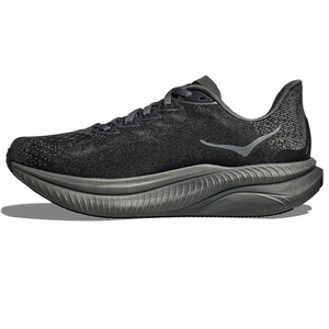 Black athletic shoe with a textured knit upper, gray midsole, and subtle wave logo on the side.