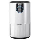 Shark air purifier with CLEAN SENSE IQ technology displayed on a digital screen, indicating 100% clean air.