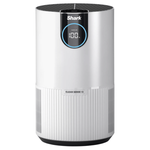 Shark air purifier with CLEAN SENSE IQ technology displayed on a digital screen, indicating 100% clean air.