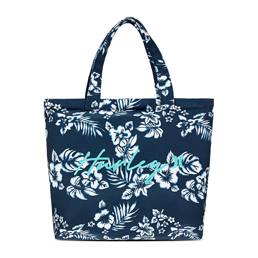 Blue tote bag with white floral pattern and \“Hurley\“ written in light blue script.