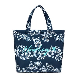 Blue tote bag with white floral pattern and \“Hurley\“ written in light blue script.