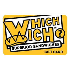 A Which Wich Superior Sandwiches gift card featuring a yellow background with the brand's logo, including a stylized \“W\“ with a sandwich illustration and the words \“Superior Sandwiches\“ beneath it.