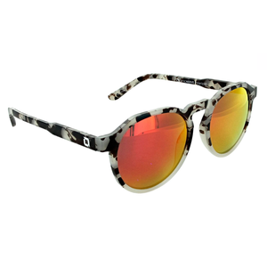 Camouflage-patterned sunglasses with red-orange mirrored lenses and round frames, featuring the text \“Optic Nerve polarized\“ on the arms.