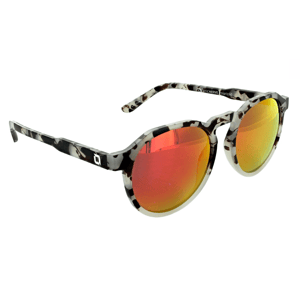 Camouflage-patterned sunglasses with red-orange mirrored lenses and round frames, featuring the text \“Optic Nerve polarized\“ on the arms.