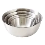 A set of four stainless steel mixing bowls, nesting inside each other, with measurement markings visible on the inside in milliliters.
