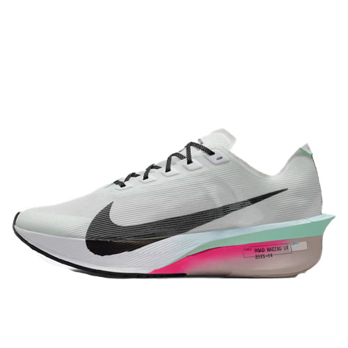 A white athletic shoe with a prominent black swoosh logo, featuring a gradient midsole with pink and green accents designed for road racing.