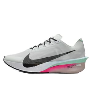 A white athletic shoe with a prominent black swoosh logo, featuring a gradient midsole with pink and green accents designed for road racing.