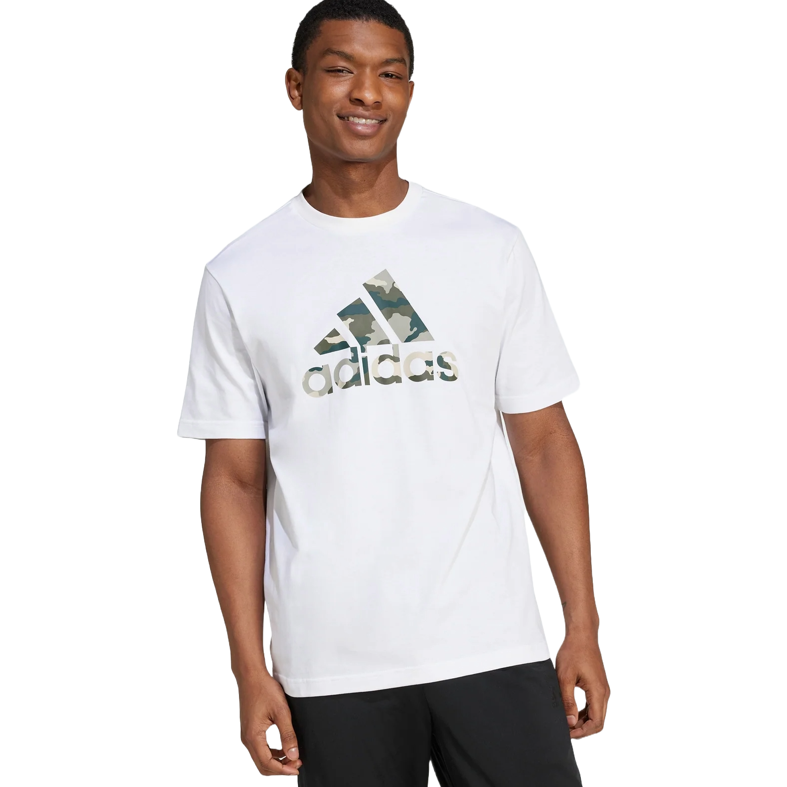 White Adidas T-shirt with a camo-patterned logo on the chest. Short sleeves and a regular fit, ideal for casual wear.