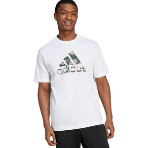 White Adidas T-shirt with a camo-patterned logo on the chest. Short sleeves and a regular fit, ideal for casual wear.