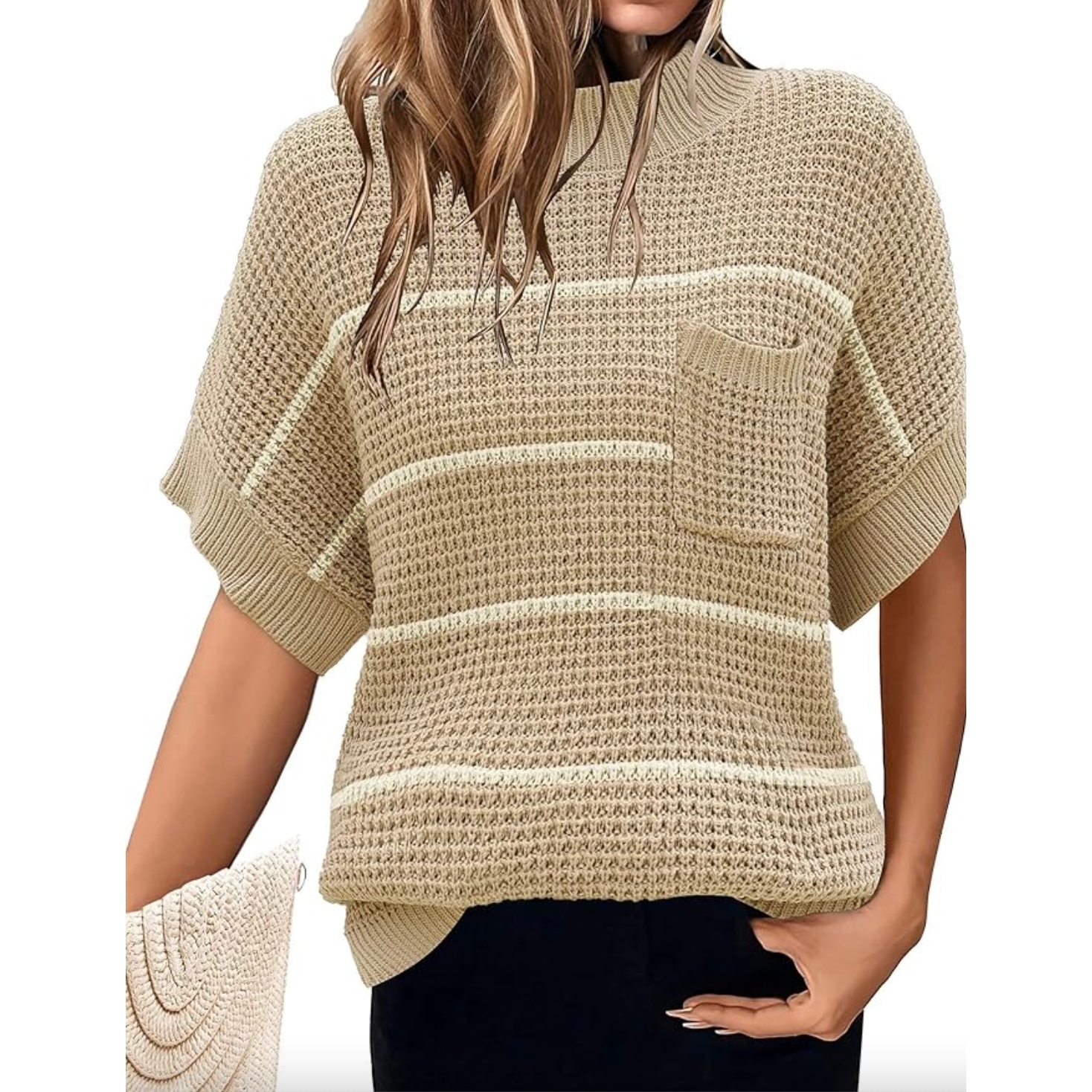 A beige short-sleeved knitted sweater with a turtleneck and horizontal stripe pattern.