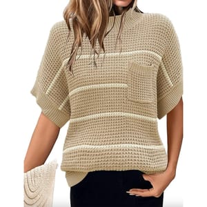 A beige short-sleeved knitted sweater with a turtleneck and horizontal stripe pattern.