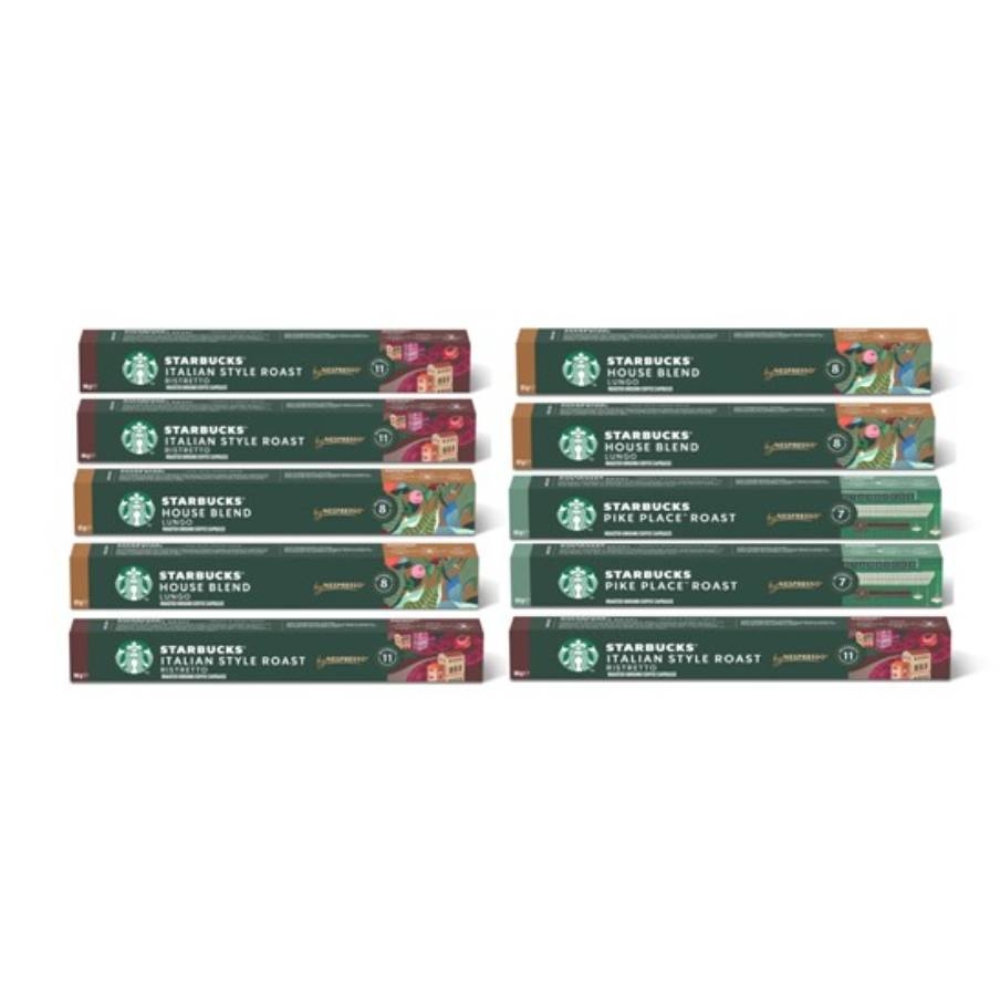Starbucks coffee capsules for Nespresso are shown, featuring Italian Style Roast, House Blend, and Pike Place Roast varieties.