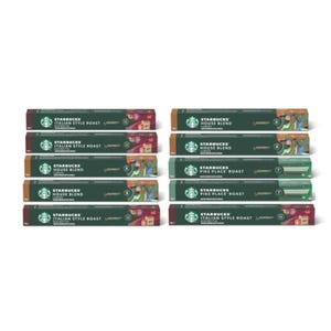 Starbucks coffee capsules for Nespresso are shown, featuring Italian Style Roast, House Blend, and Pike Place Roast varieties.