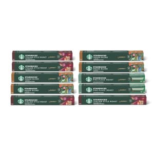 Starbucks coffee capsules for Nespresso are shown, featuring Italian Style Roast, House Blend, and Pike Place Roast varieties.
