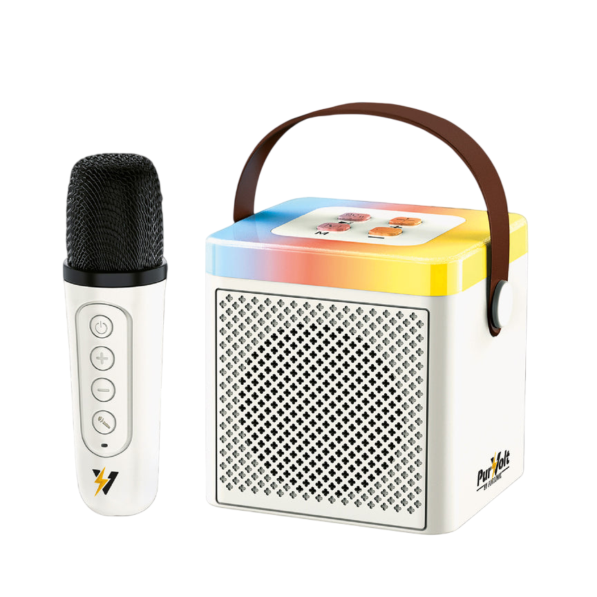 Portable karaoke machine with a wireless microphone and a cube-shaped speaker featuring a carrying handle and multicolored accents.