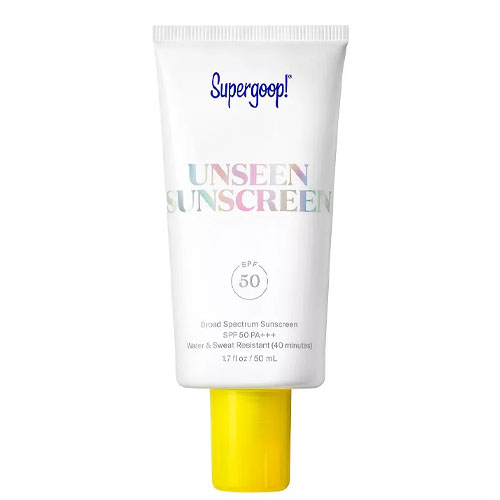 Supergoop! Unseen Sunscreen, SPF 50 PA++++, broad spectrum, water and sweat resistant for 40 minutes, 1.7 fl oz (50 mL) tube.