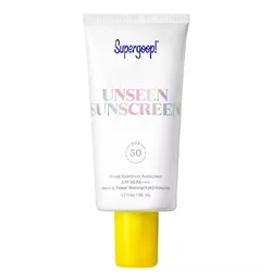 Supergoop! Unseen Sunscreen, SPF 50 PA++++, broad spectrum, water and sweat resistant for 40 minutes, 1.7 fl oz (50 mL) tube.