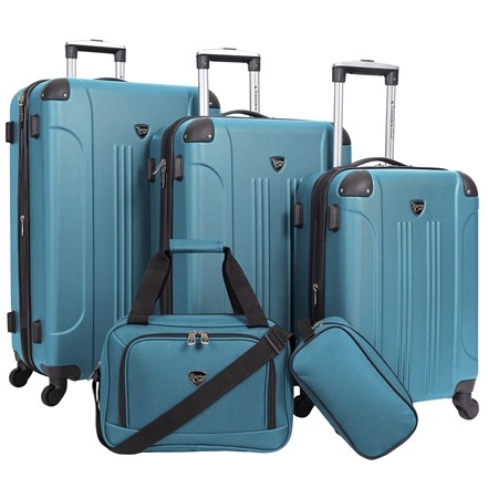 The Travelers Club 5pc Luggage Set includes three hardshell suitcases of varying sizes with telescopic handles and spinner wheels, a duffel bag with a shoulder strap, and a small toiletry/accessory bag, all in a matching teal color.