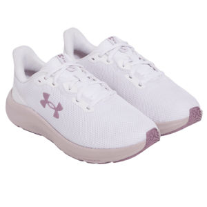 White athletic shoes with purple accents and a mesh design, featuring a recognizable logo on the side and \“Charged\“ branding on the sole.