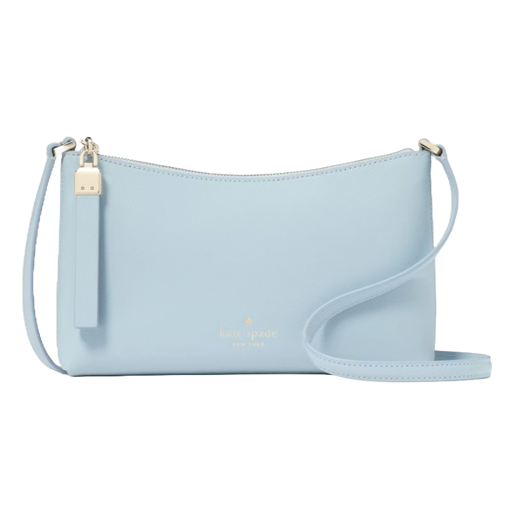 Light blue crossbody bag with a streamlined design, featuring a zip closure and an adjustable strap, embossed with \“kate spade new york.\“