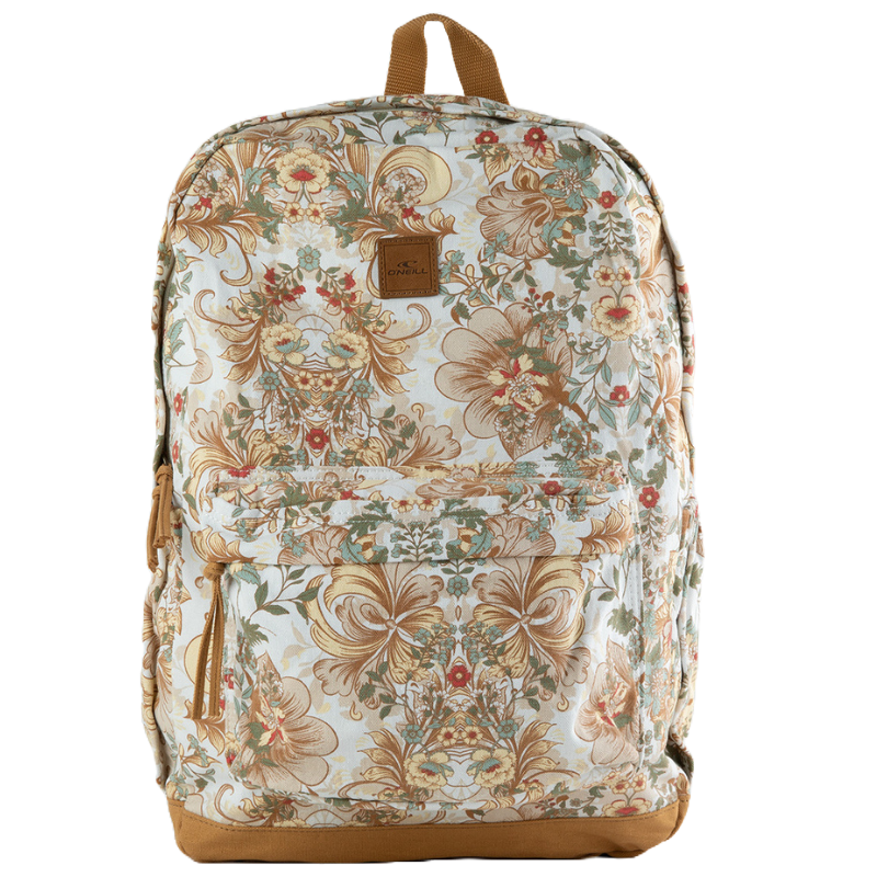 A backpack with a floral pattern featuring beige, green, and red hues, with brown accents and a front pocket.