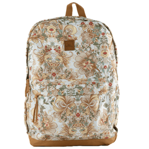 A backpack with a floral pattern featuring beige, green, and red hues, with brown accents and a front pocket.