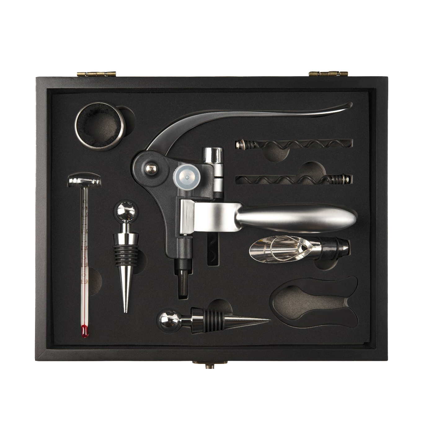 The 9-piece wine accessory set includes a lever-style corkscrew, foil cutter, bottle stopper, pourer, thermometer, drip ring, spare worm screw, and an additional stopper, all housed in a black gift box.