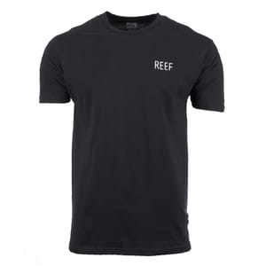 Black T-shirt with a small \“REEF\“ logo on the left side of the chest.