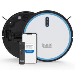 A Black+Decker robotic vacuum cleaner with a remote control and a smartphone app for smart home integration. The vacuum has a circular design with control buttons on top.