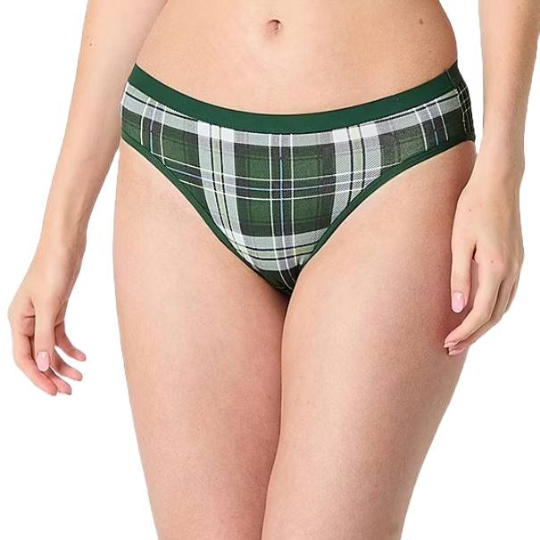 Green plaid women's underwear with a low-rise fit and elastic waistband.