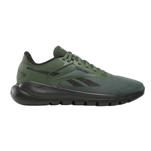 Green and black Reebok athletic shoe featuring a mesh upper, lace-up design, and thick black sole.