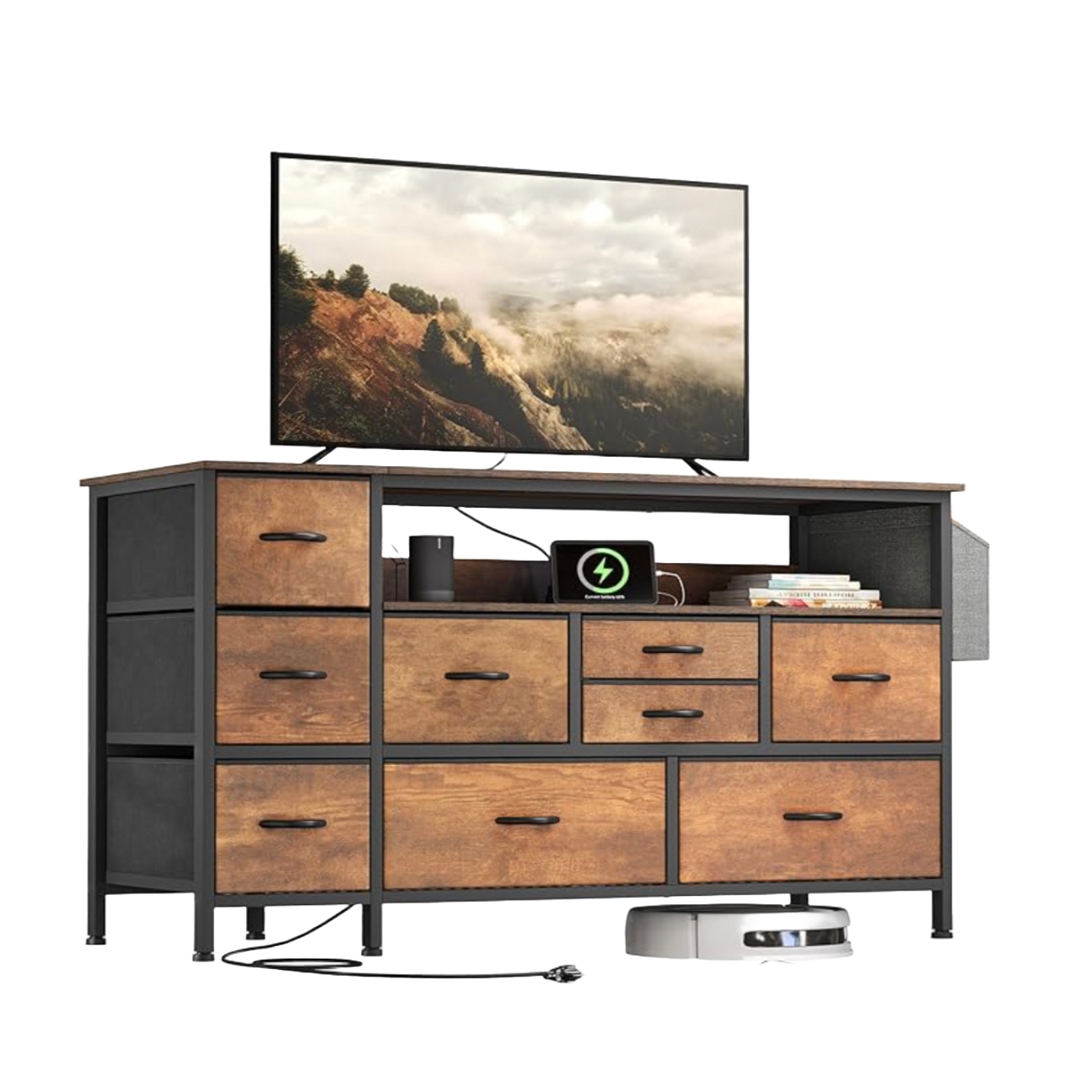 A 9-drawer TV stand featuring a rustic wooden finish with a metal frame. It includes various sized drawers, an open shelf with electronic devices, and a space underneath that accommodates a robotic vacuum.
