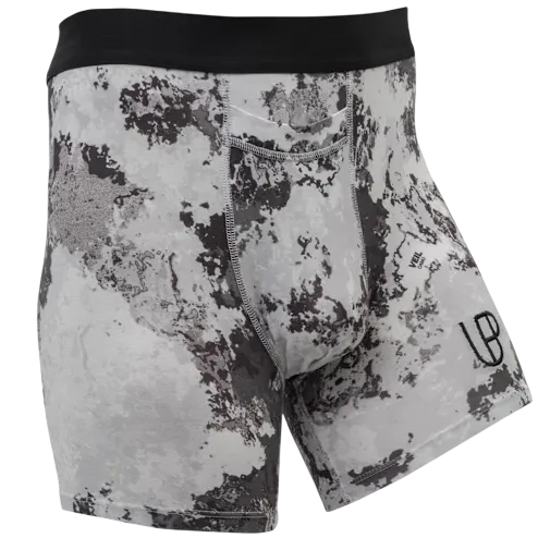 A pair of boxer briefs featuring a black and gray abstract camouflage pattern with a black waistband and a small \“LB\“ logo on the leg.