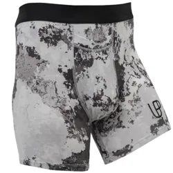 A pair of boxer briefs featuring a black and gray abstract camouflage pattern with a black waistband and a small \“LB\“ logo on the leg.
